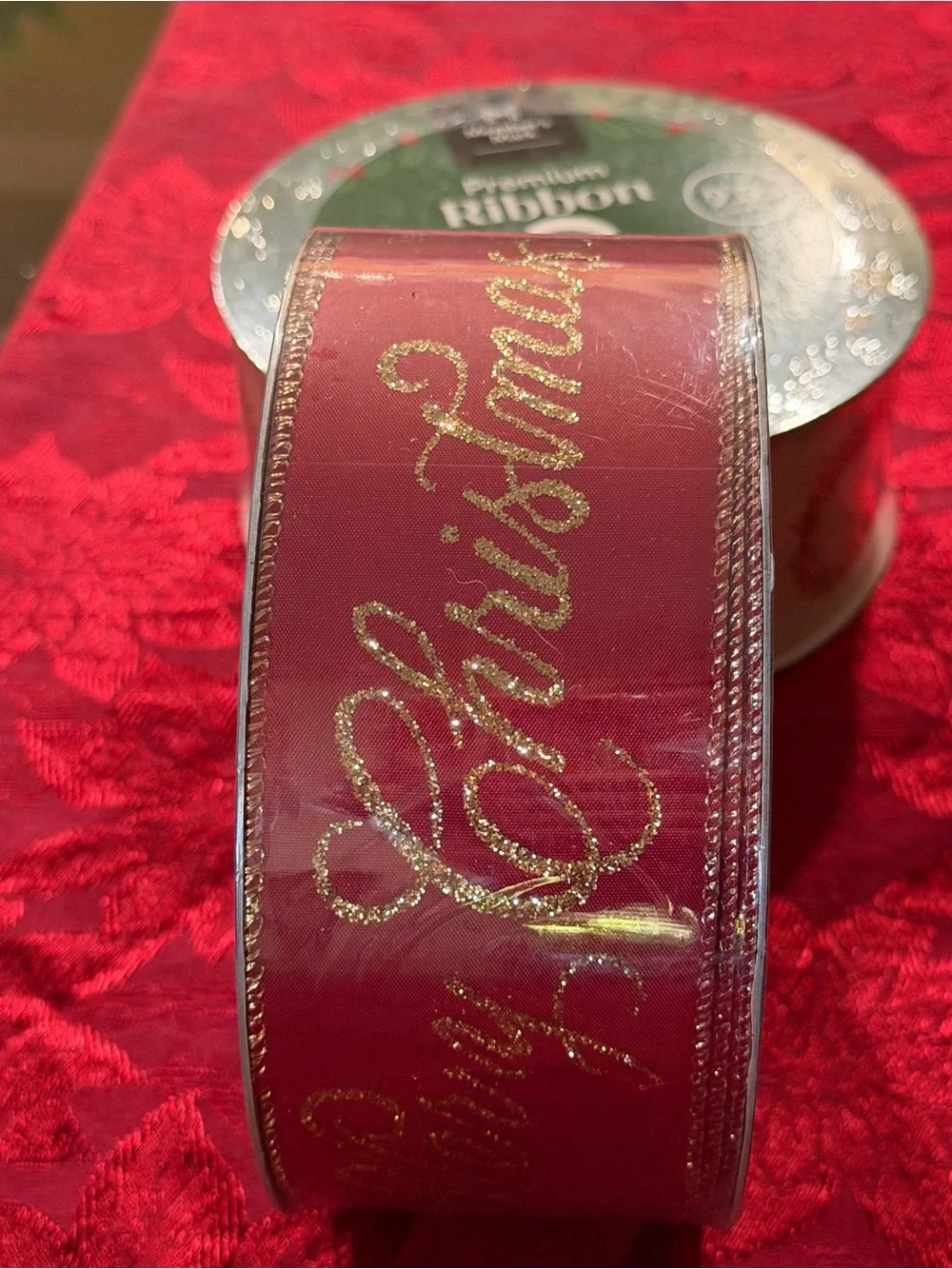 Christmas Ribbon & Gold Wreath Holiday Ribbon Set - Red and Ivory
